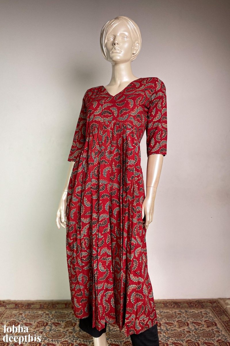 Ajrakh Neem Leaves Madder Alia Cut Kurta - Lobha Deepthis