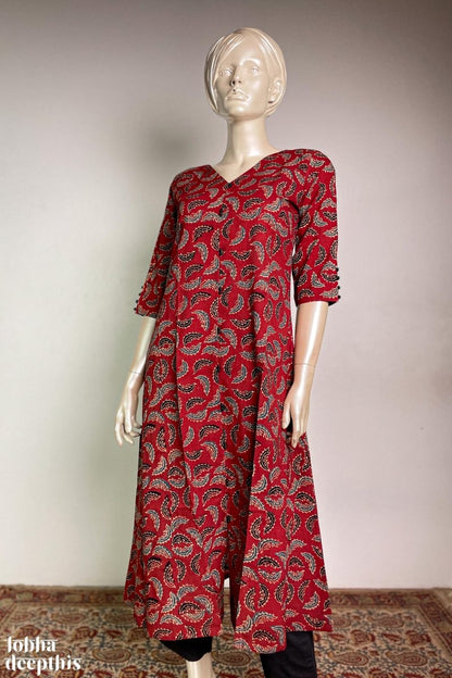 Ajrakh Neem Leaves Madder Red Aline Kurta - Lobha Deepthis