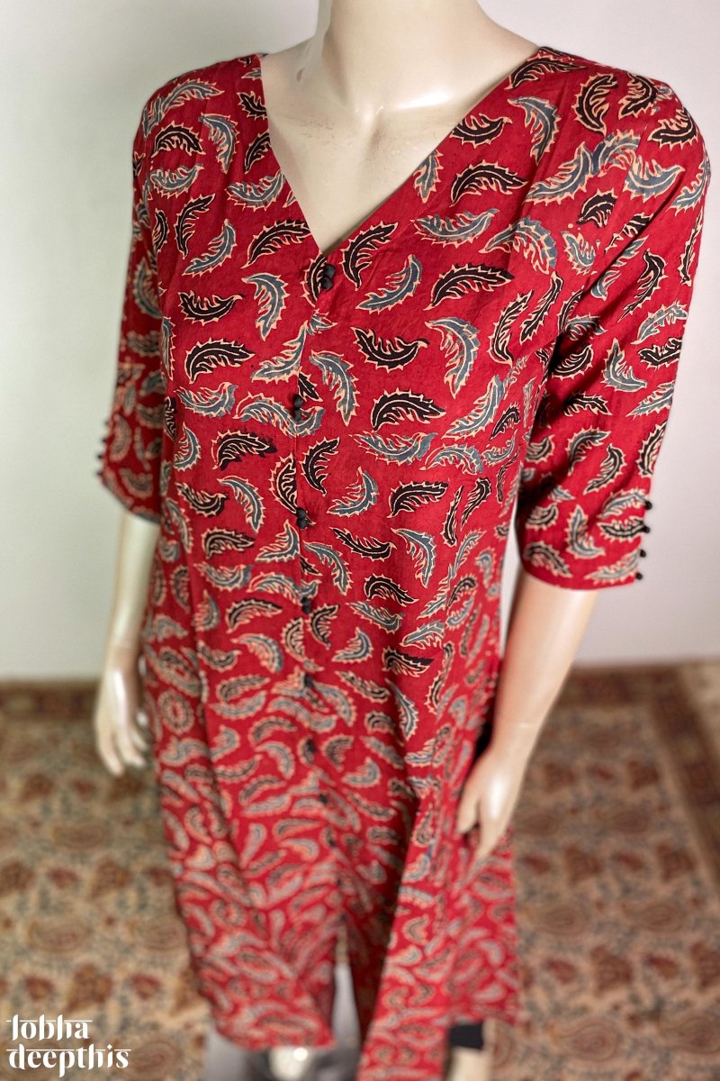 Ajrakh Neem Leaves Madder Red Aline Kurta - Lobha Deepthis