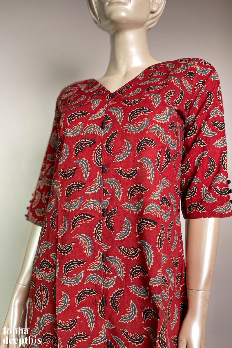 Ajrakh Neem Leaves Madder Red Aline Kurta - Lobha Deepthis