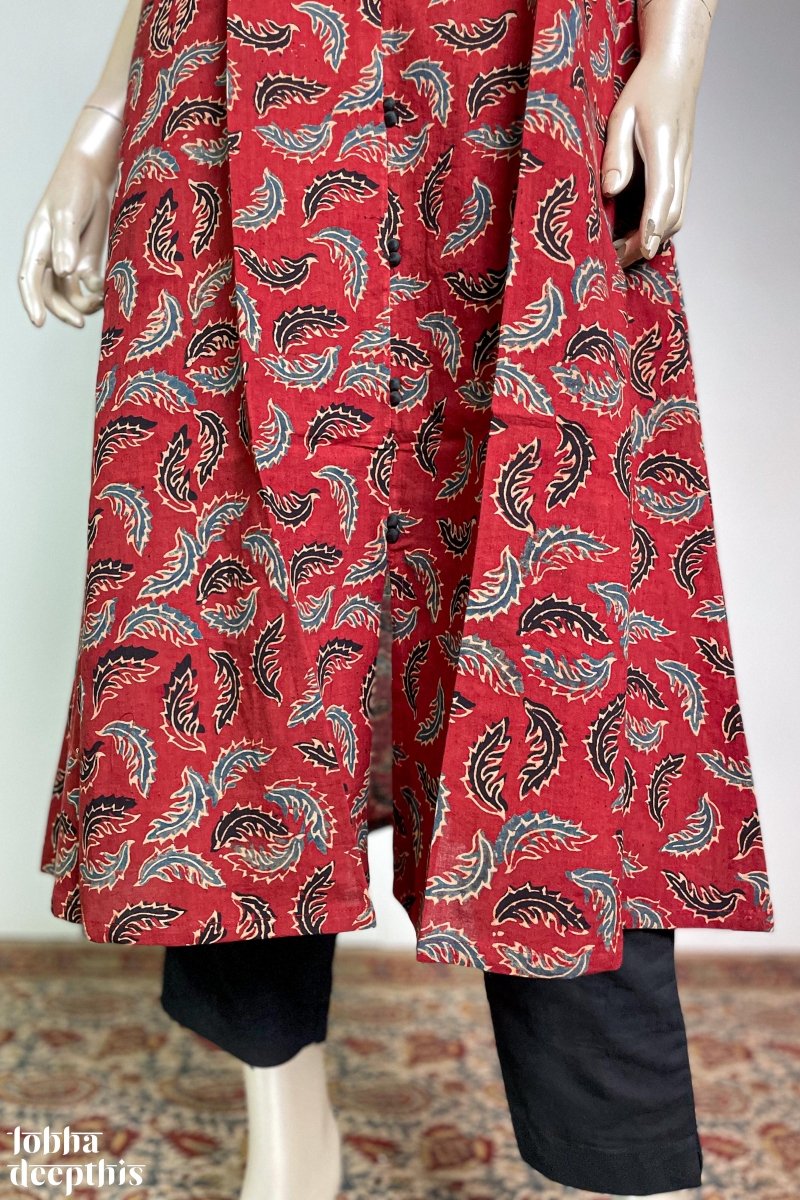 Ajrakh Neem Leaves Madder Red Aline Kurta - Lobha Deepthis