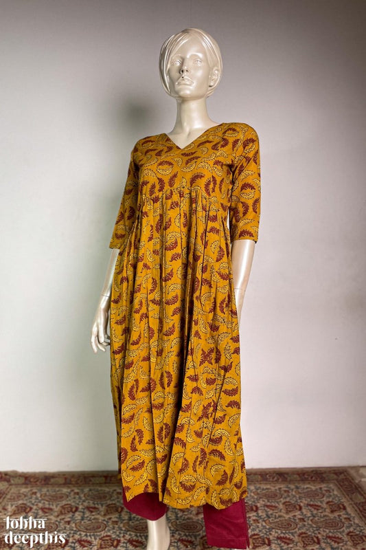 Ajrakh Neem Leaves Turmeric Alia Cut Kurta - Lobha Deepthis