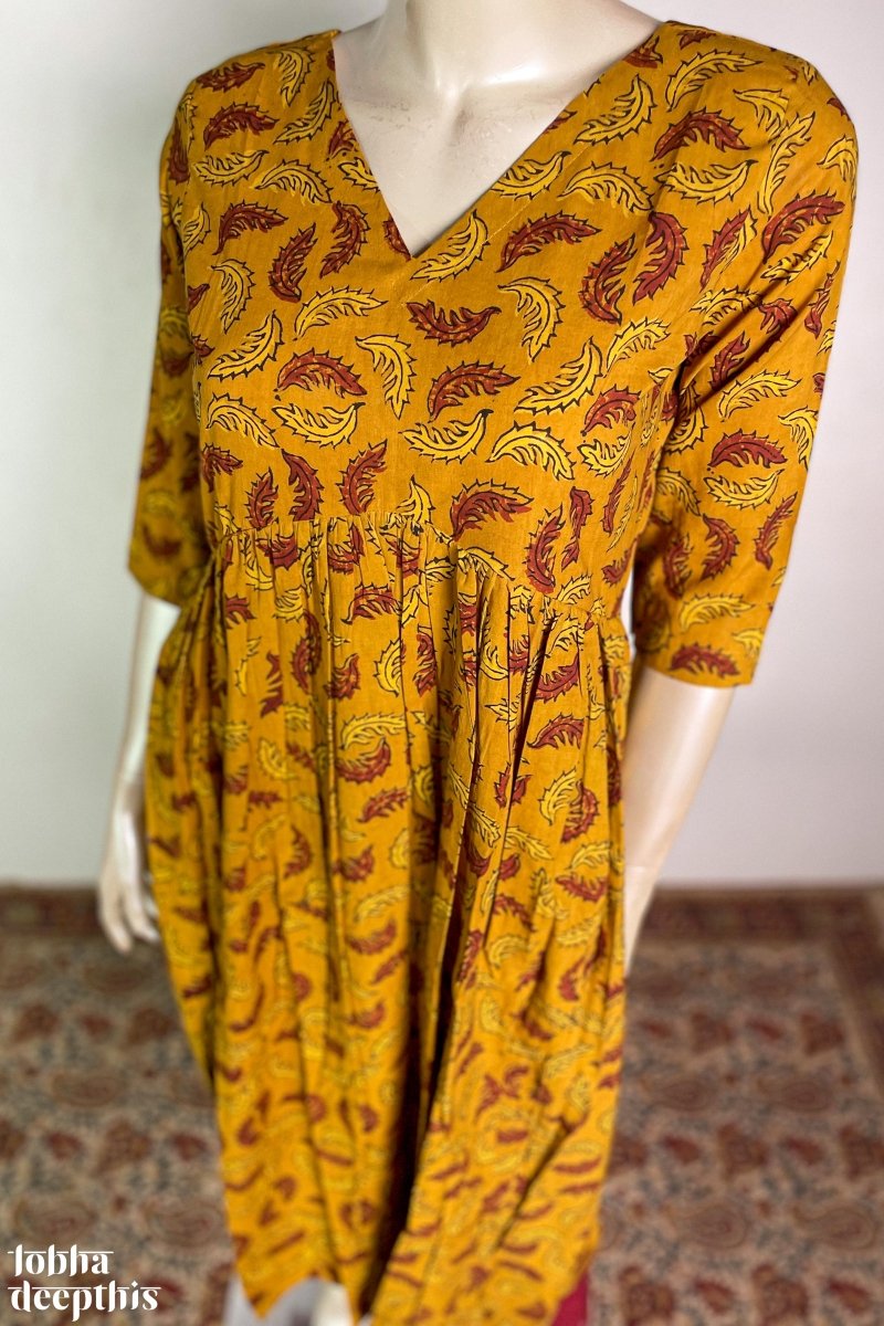 Ajrakh Neem Leaves Turmeric Alia Cut Kurta - Lobha Deepthis