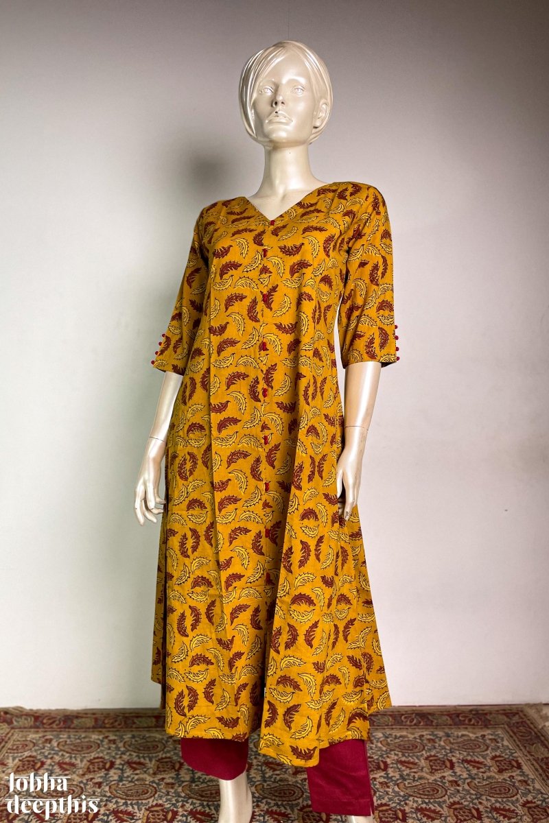 Ajrakh Neem Leaves Turmeric Aline Kurta - Lobha Deepthis