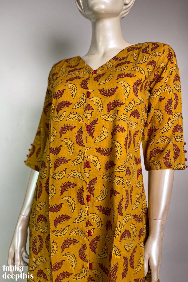 Ajrakh Neem Leaves Turmeric Aline Kurta - Lobha Deepthis