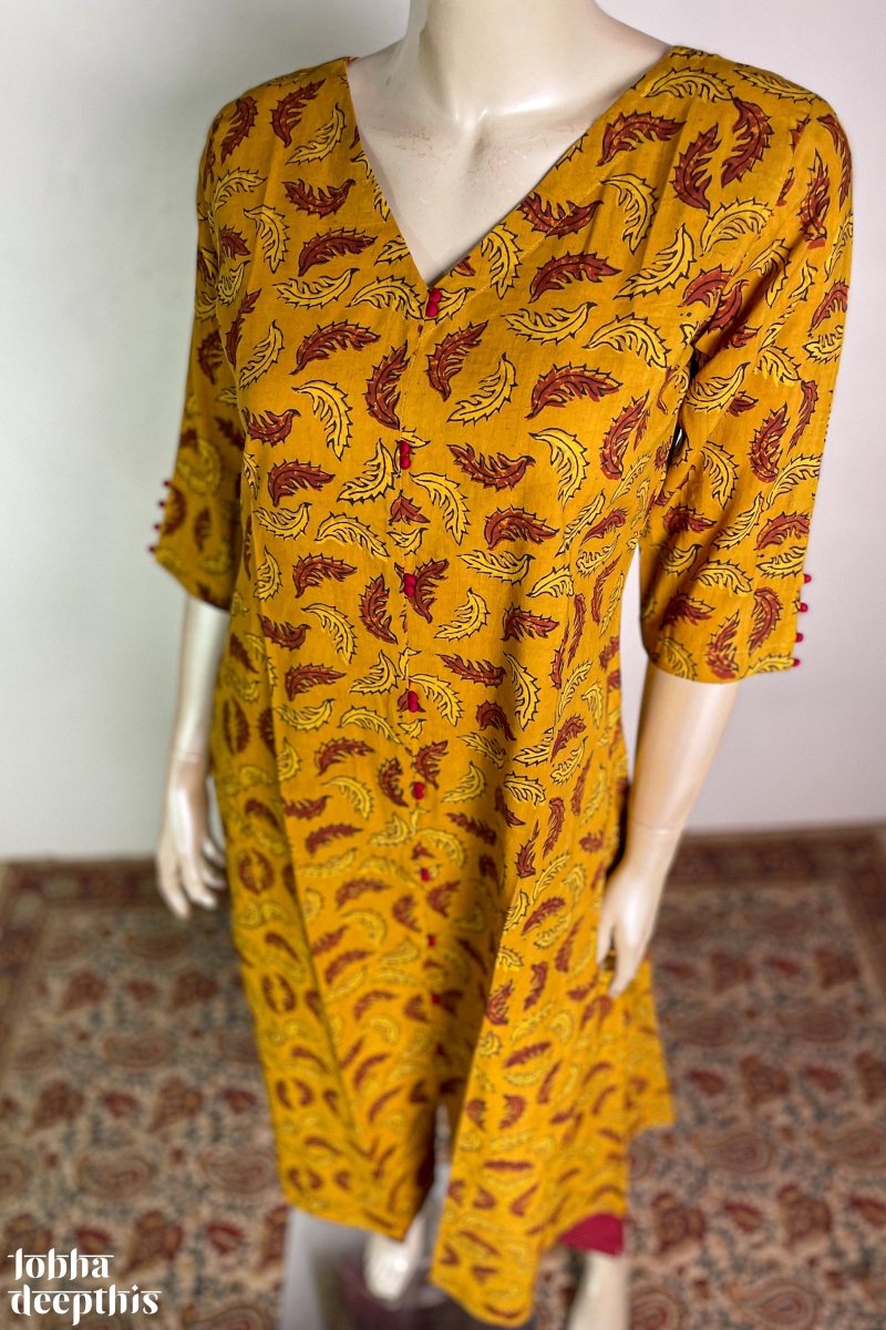 Ajrakh Neem Leaves Turmeric Aline Kurta - Lobha Deepthis