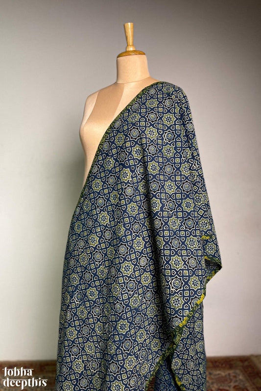 Ajrakh Stars Blue Pure Cotton Dupatta - Lobha Deepthis