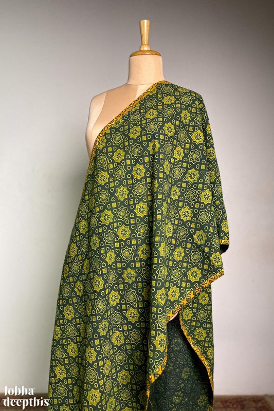 Ajrakh Stars Green Pure Cotton Dupatta - Lobha Deepthis