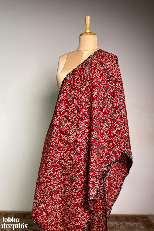 Ajrakh Stars Madder Red Pure Cotton Dupatta - Lobha Deepthis