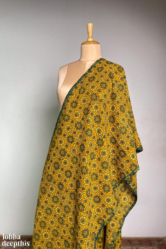 Ajrakh Stars Yellow Pure Cotton Dupatta - Lobha Deepthis