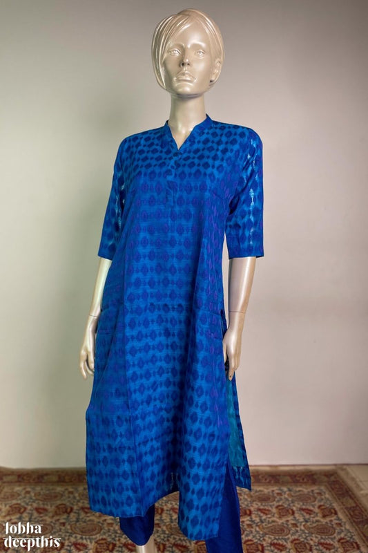 Ananda Blue Chanderi Feel Jacquard Collar Kurta - Lobha Deepthis