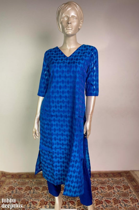 Ananda Blue Chanderi Feel Jacquard V Neck Kurta - Lobha Deepthis