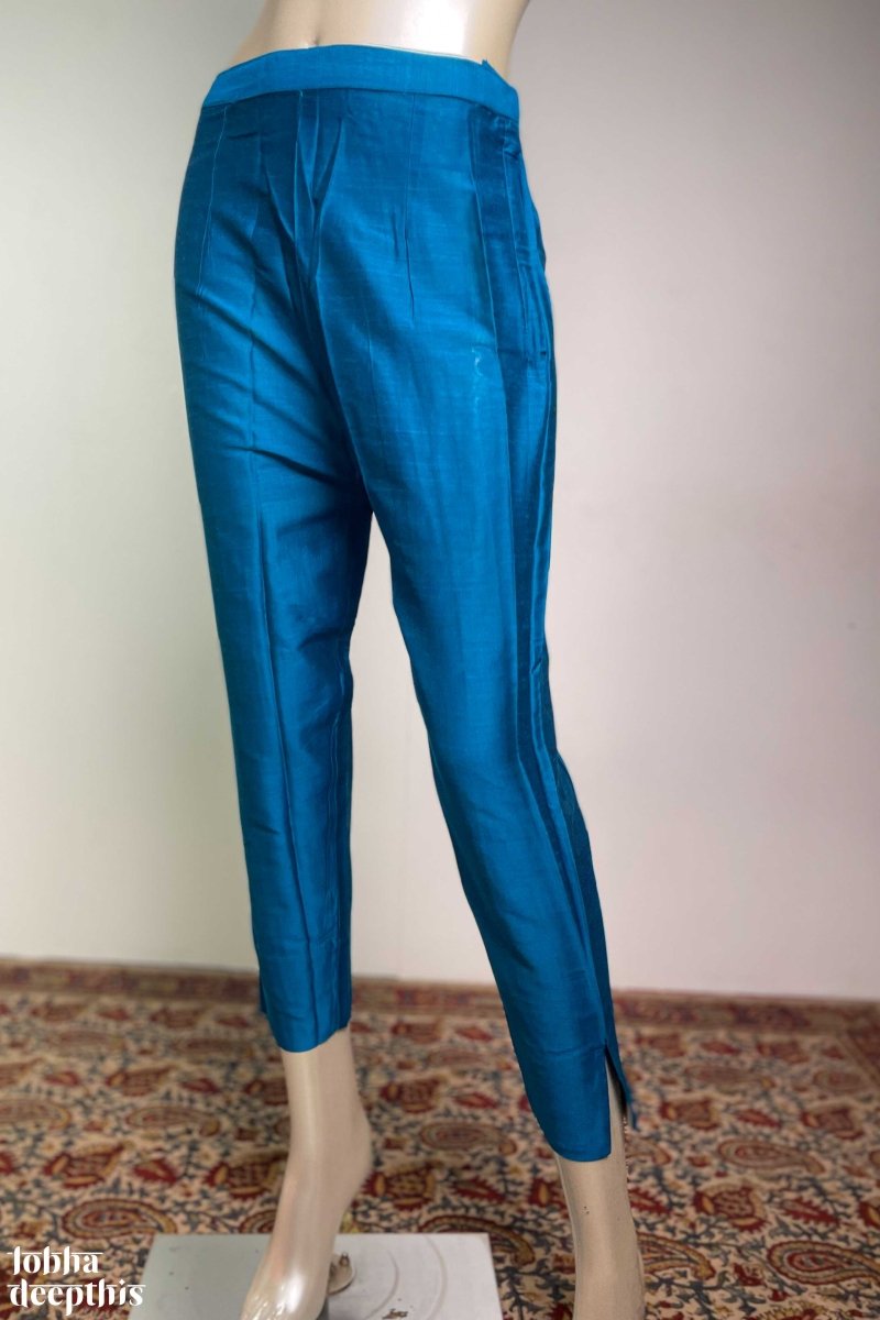 Ananda Blue Slub Silk Pencil Pants - Lobha Deepthis