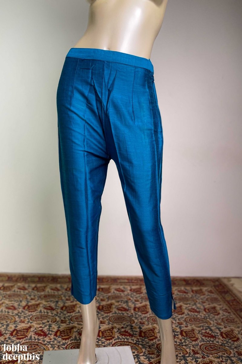 Ananda Blue Slub Silk Pencil Pants - Lobha Deepthis