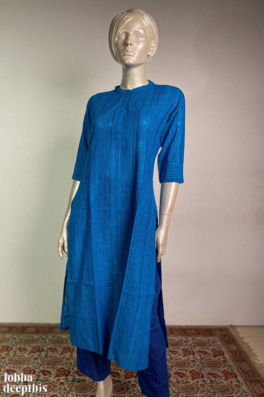 Ananda Blue South Cotton Collar Kurta - Lobha Deepthis