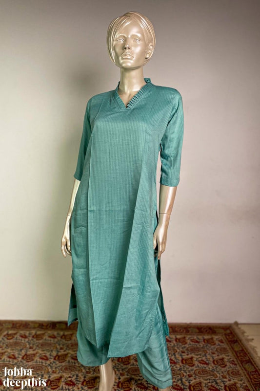 Aqua Blue Nylon Silk Collar Kurta - Lobha Deepthis