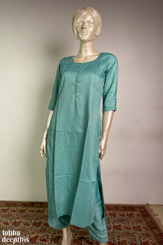 Aqua Blue Nylon Silk Round Neck Kurta - Lobha Deepthis