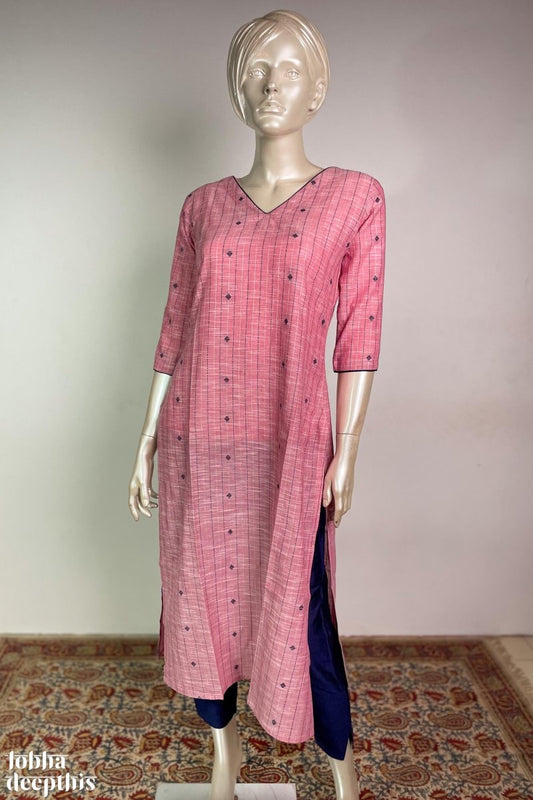 Baby Pink South Cotton V Neck Kurta - Lobha Deepthis