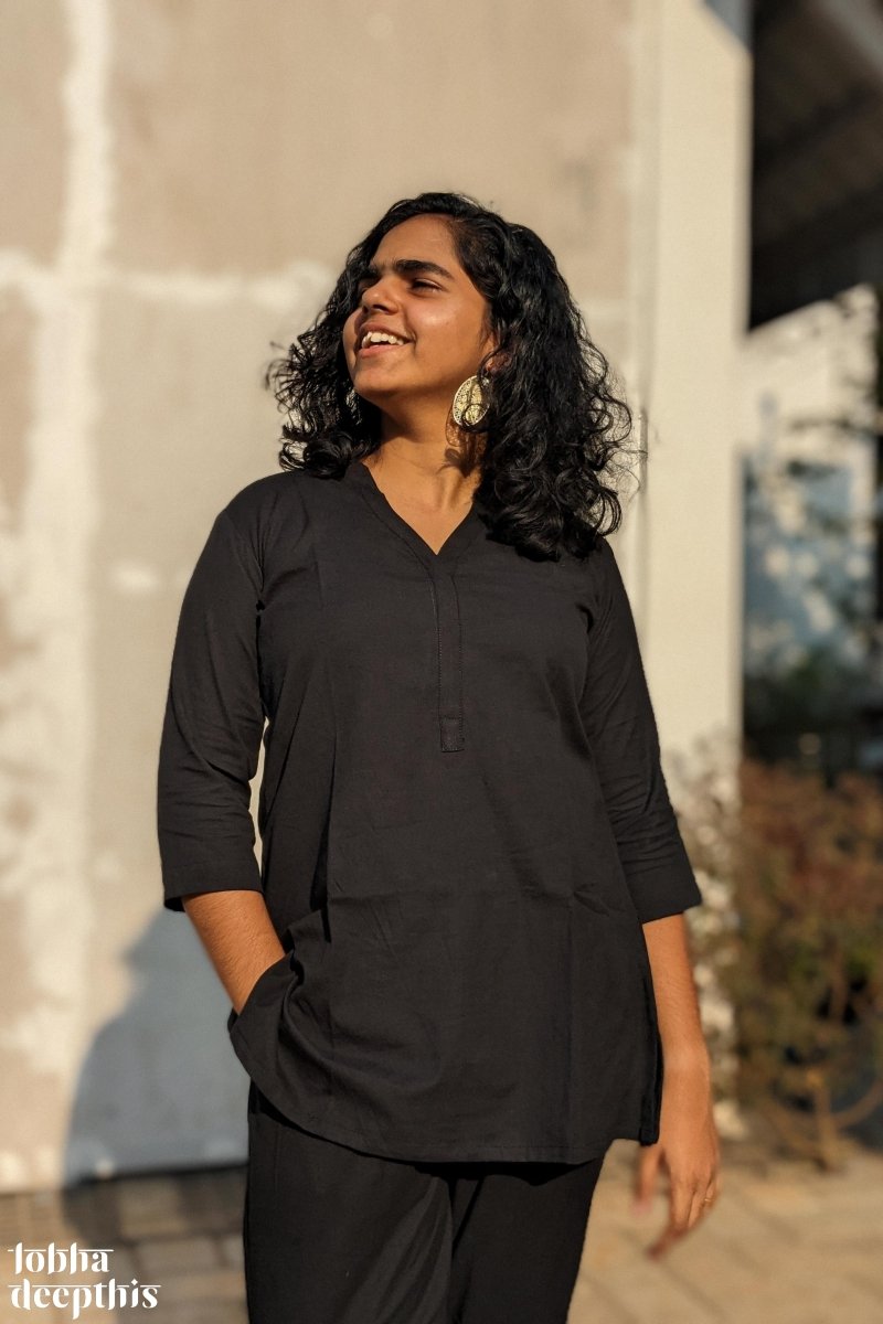 Black Cotton Flex Collar Short Kurti - Lobha Deepthis