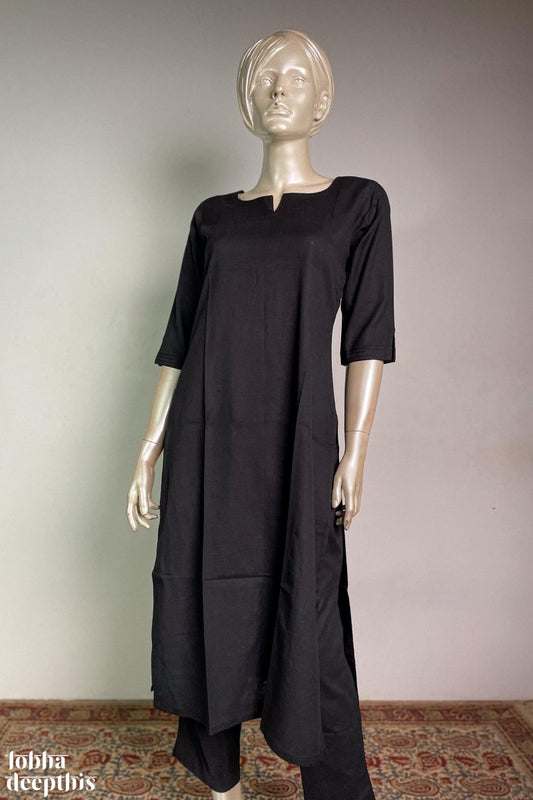Black Cotton Flex Round Neck Kurta - Lobha Deepthis