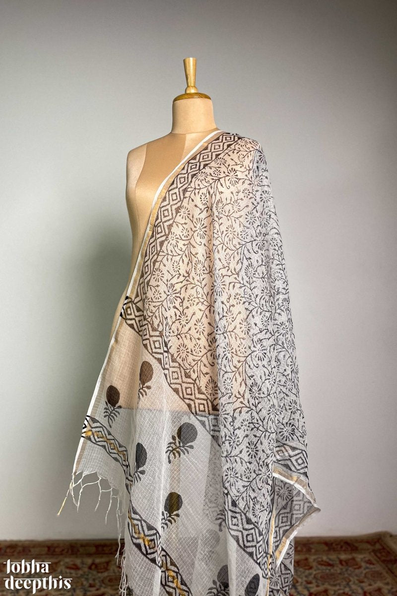 Black on White Sanganeri Florals Kota Doria Dupatta - Lobha Deepthis