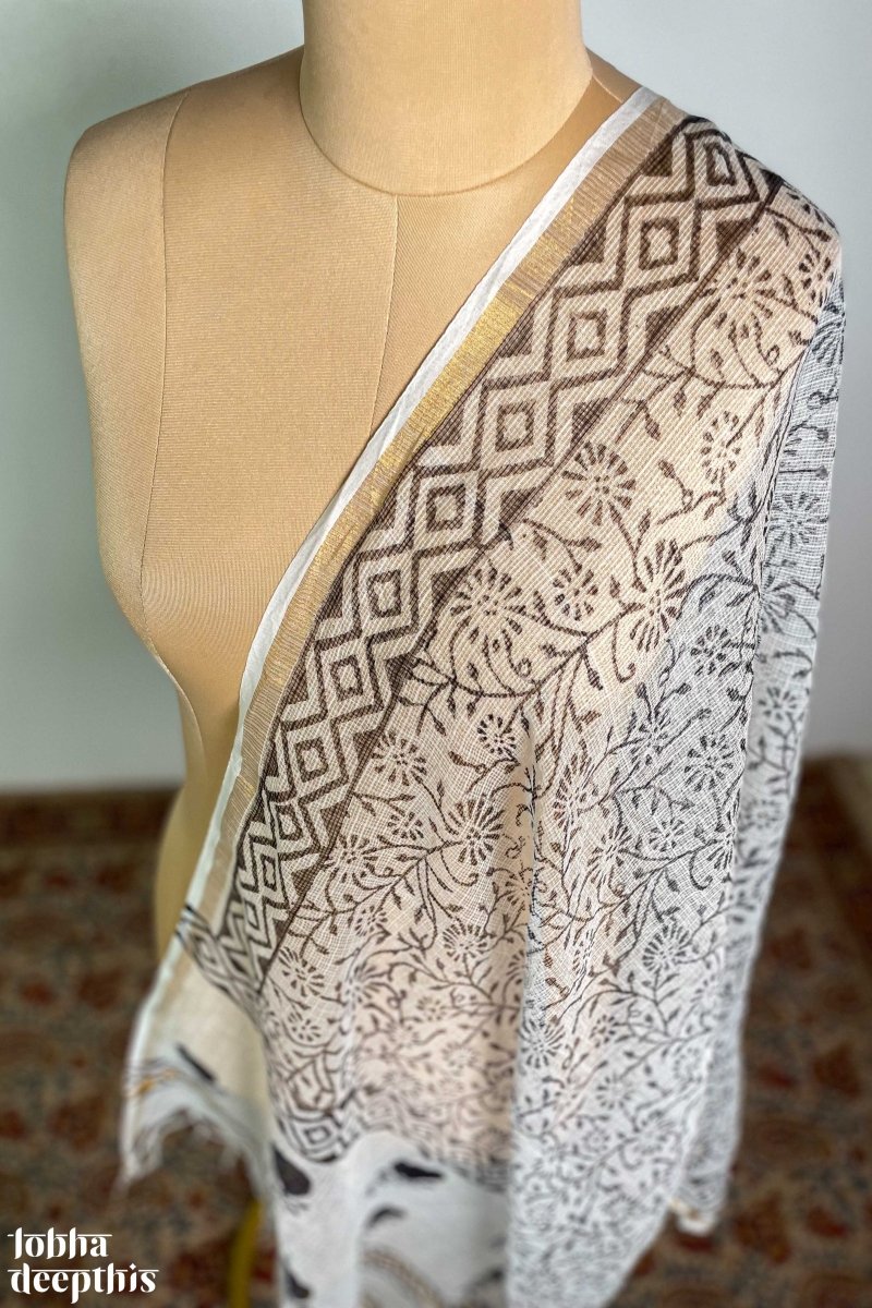 Black on White Sanganeri Florals Kota Doria Dupatta - Lobha Deepthis