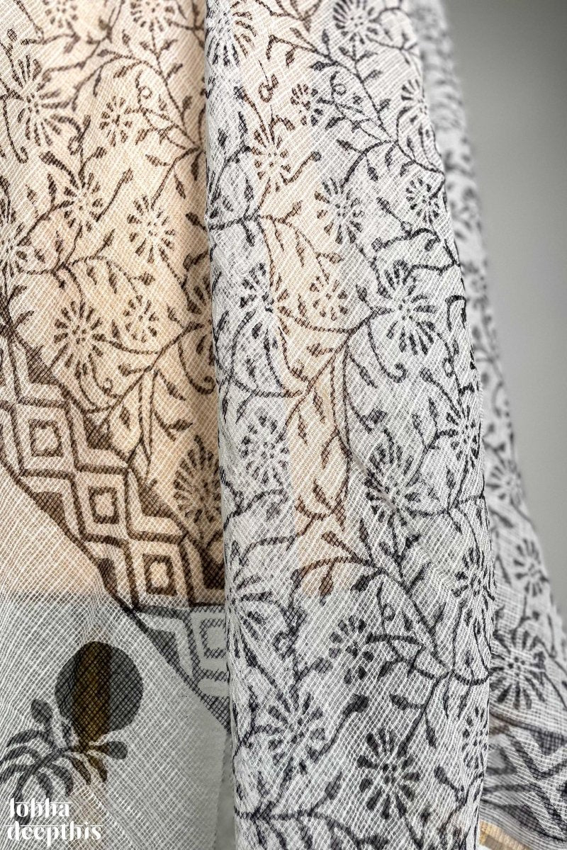 Black on White Sanganeri Florals Kota Doria Dupatta - Lobha Deepthis