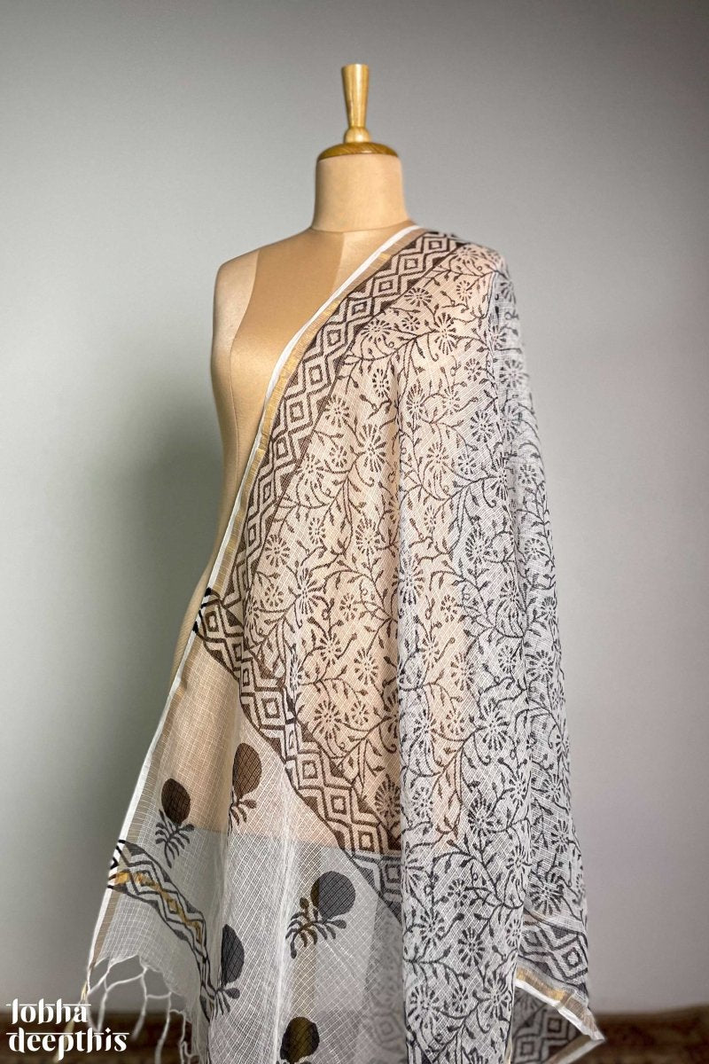Black on White Sanganeri Florals Kota Doria Dupatta - Lobha Deepthis