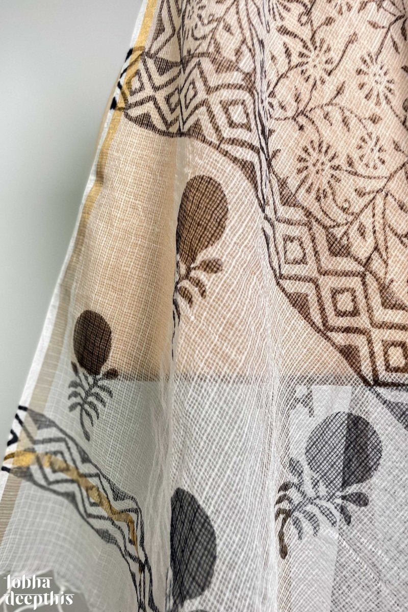 Black on White Sanganeri Florals Kota Doria Dupatta - Lobha Deepthis