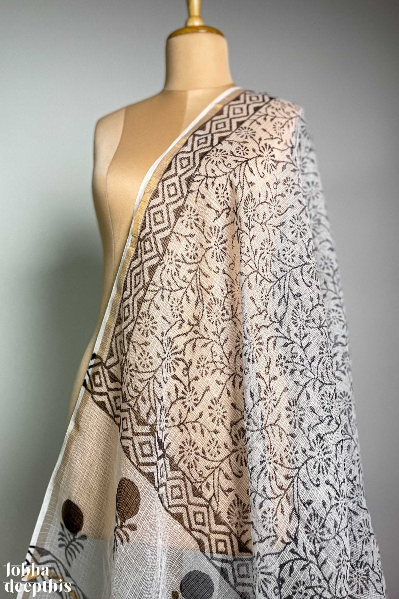 Black on White Sanganeri Florals Kota Doria Dupatta - Lobha Deepthis
