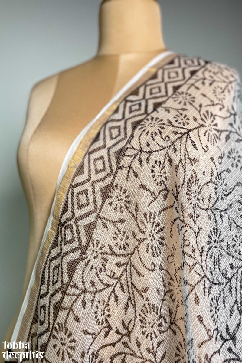 Black on White Sanganeri Florals Kota Doria Dupatta - Lobha Deepthis