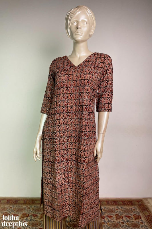 Black Paisleys Kalamkari V Neck Kurta - Lobha Deepthis