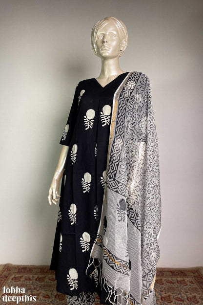 Black Sanganeri Box Pleated Kurta - Lobha Deepthis