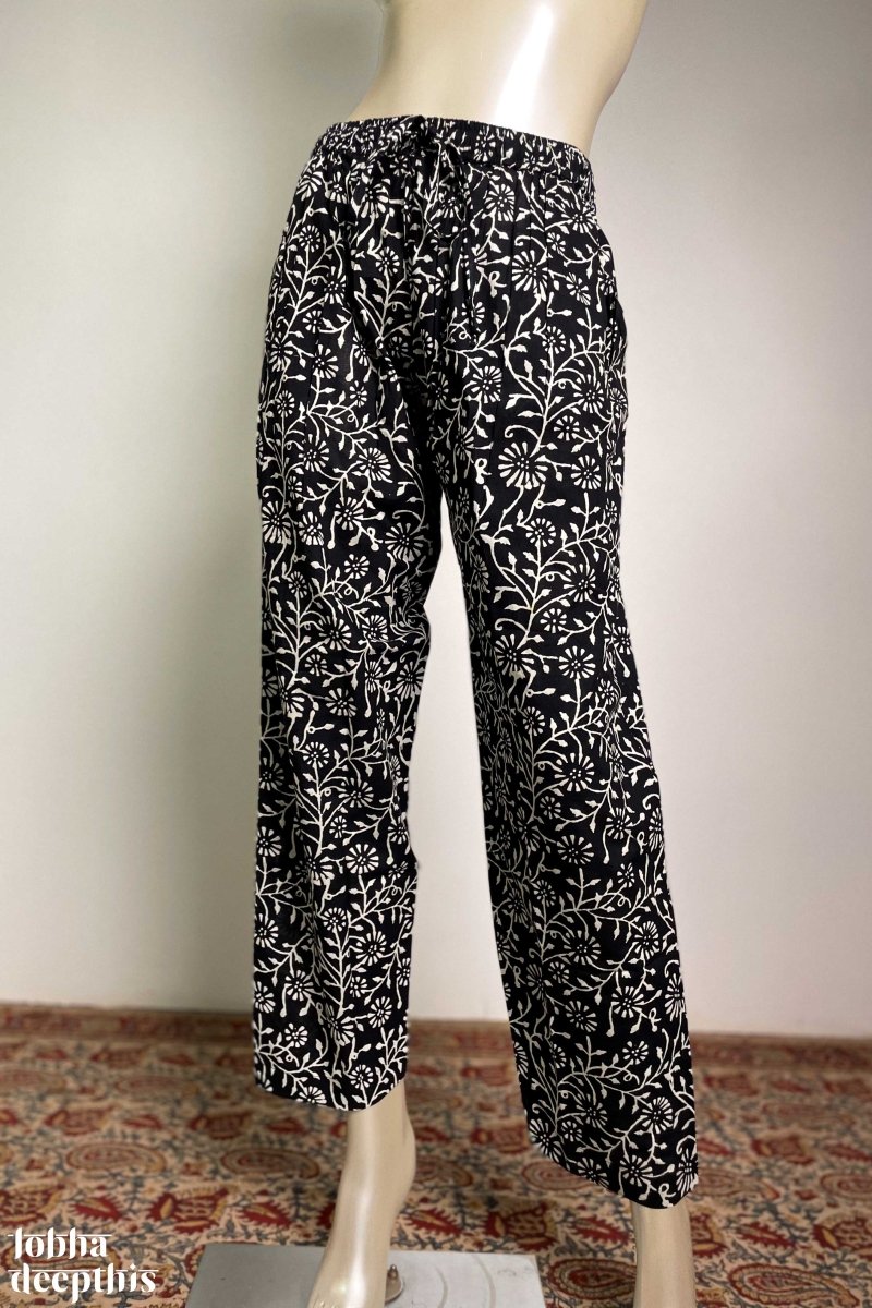 Black Sanganeri Florals Straight Pants - Lobha Deepthis