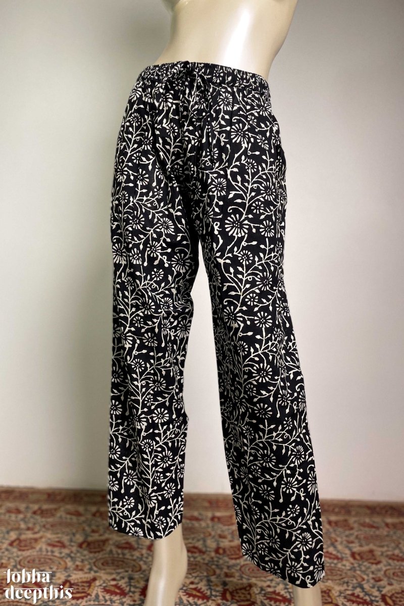 Black Sanganeri Florals Straight Pants - Lobha Deepthis