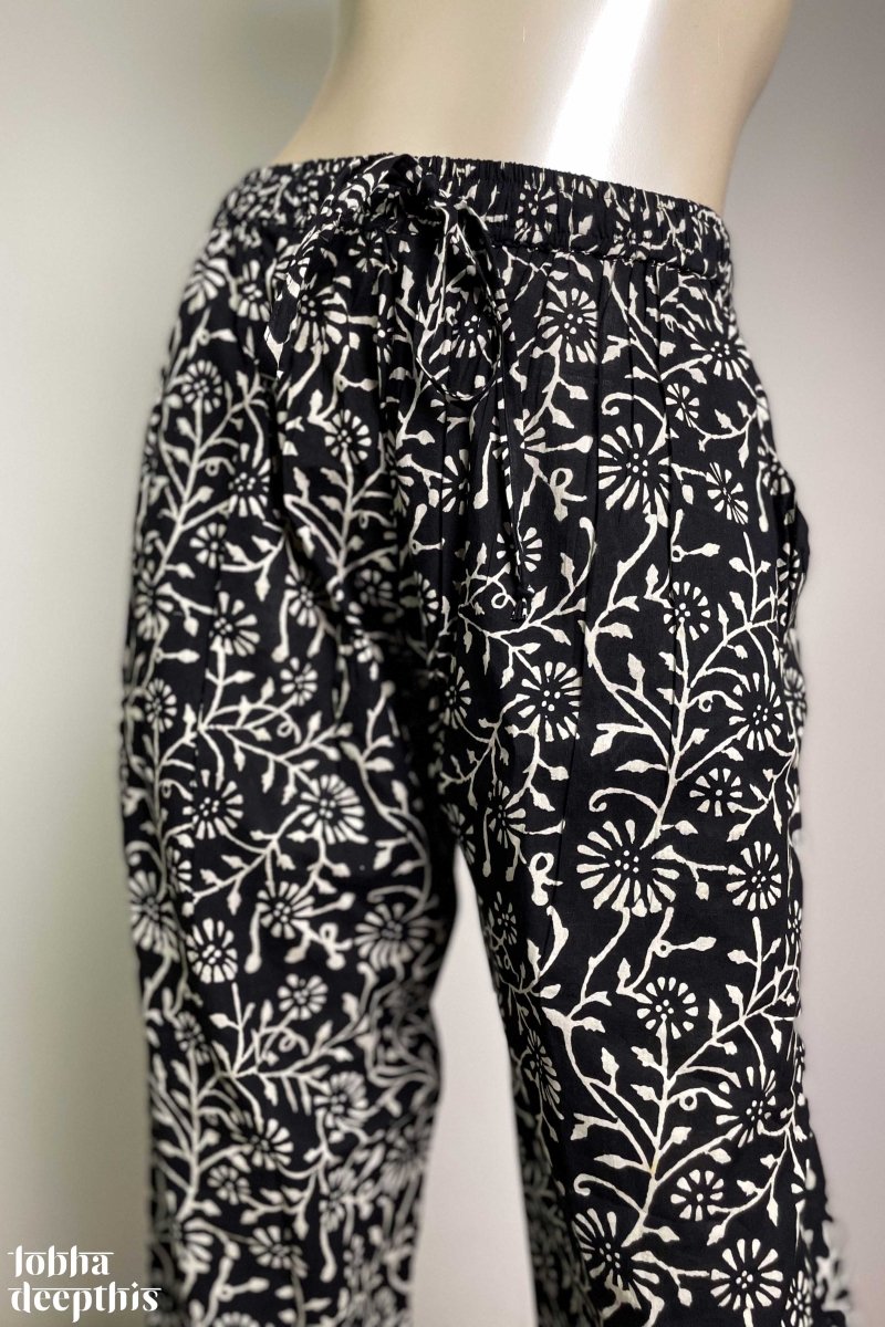 Black Sanganeri Florals Straight Pants - Lobha Deepthis