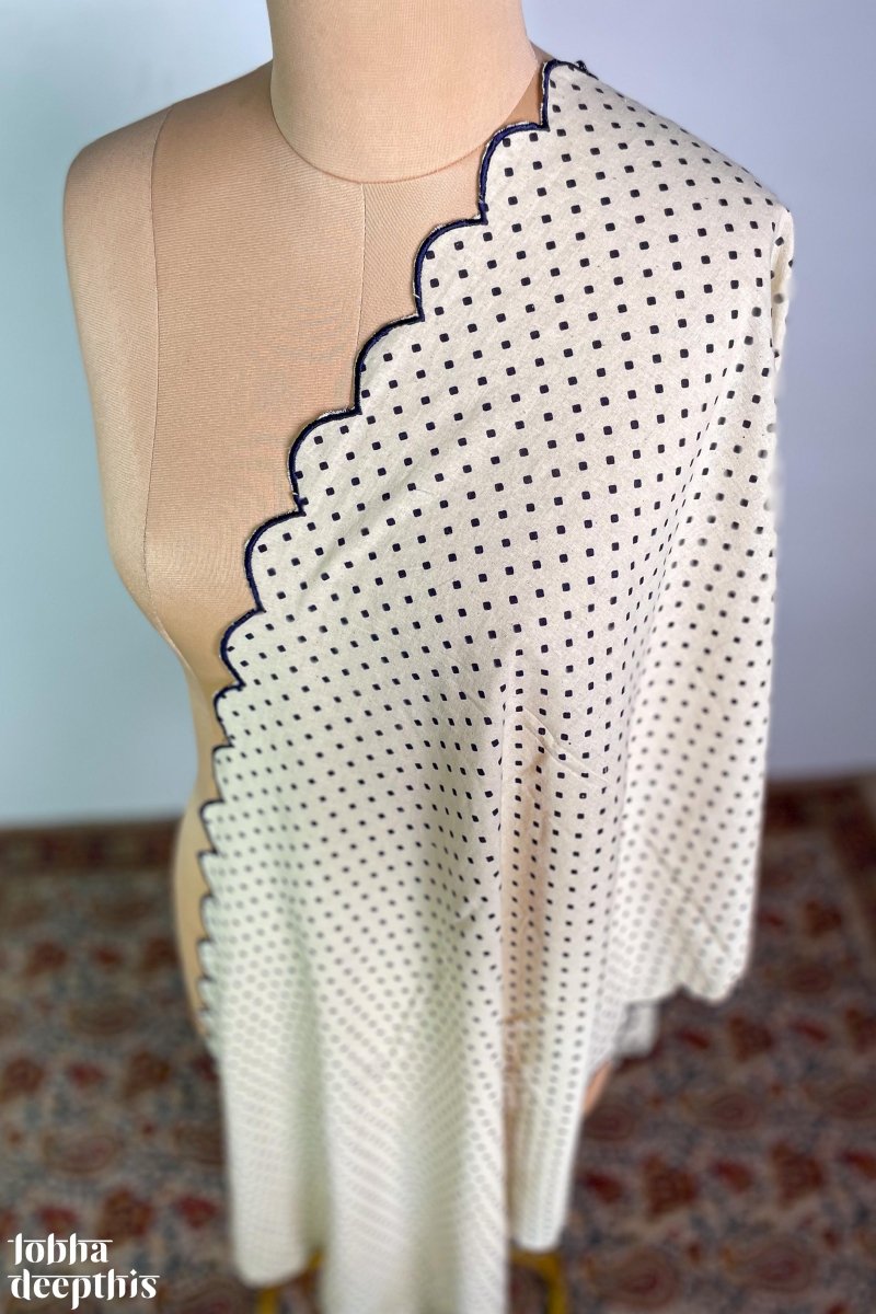 Blue Dots on Cream Cotton Scallop Dupatta - Lobha Deepthis