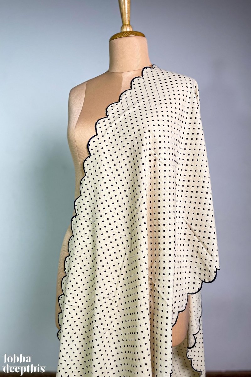 Blue Dots on Cream Cotton Scallop Dupatta - Lobha Deepthis