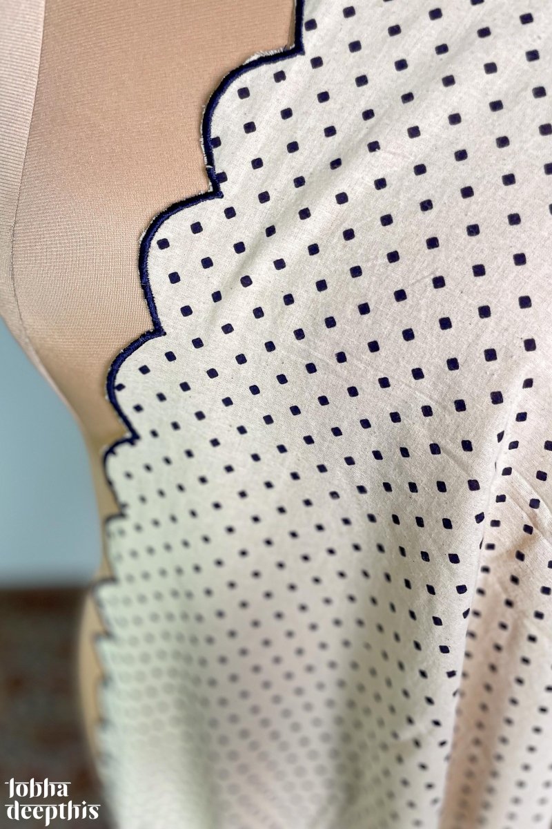 Blue Dots on Cream Cotton Scallop Dupatta - Lobha Deepthis