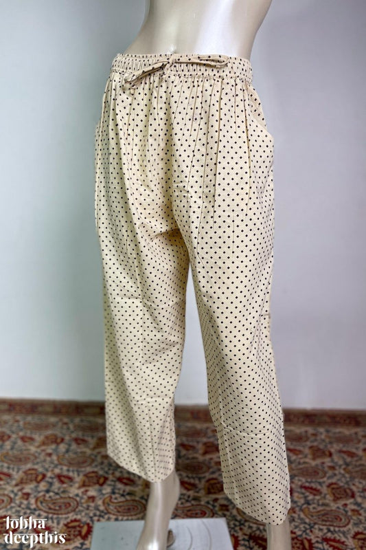 Blue Dots on Cream Cotton Straight Pants - Lobha Deepthis