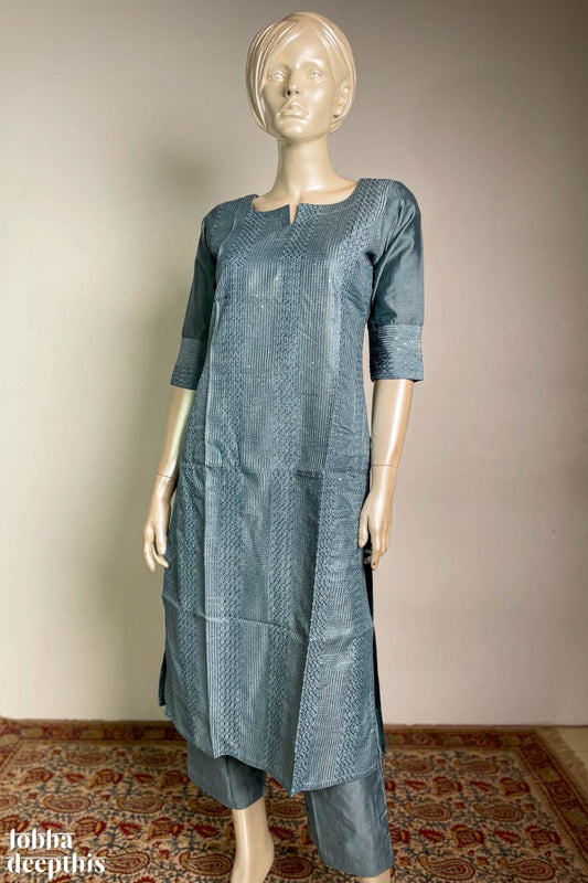 Blue Grey Chanderi Straight Kurta - Lobha Deepthis