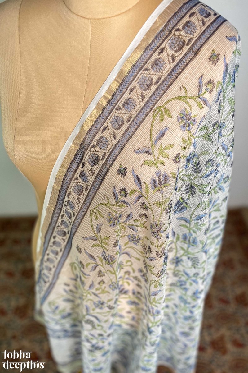 Blue on White Sanganeri Florals Kota Doria Dupatta - Lobha Deepthis