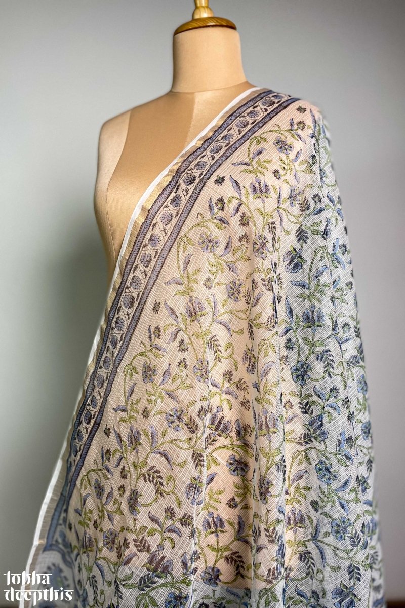 Blue on White Sanganeri Florals Kota Doria Dupatta - Lobha Deepthis