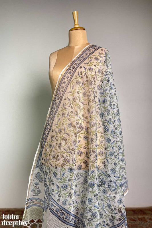 Blue on White Sanganeri Florals Kota Doria Dupatta - Lobha Deepthis