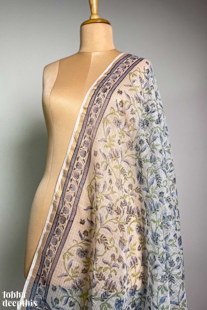 Blue on White Sanganeri Florals Kota Doria Dupatta - Lobha Deepthis