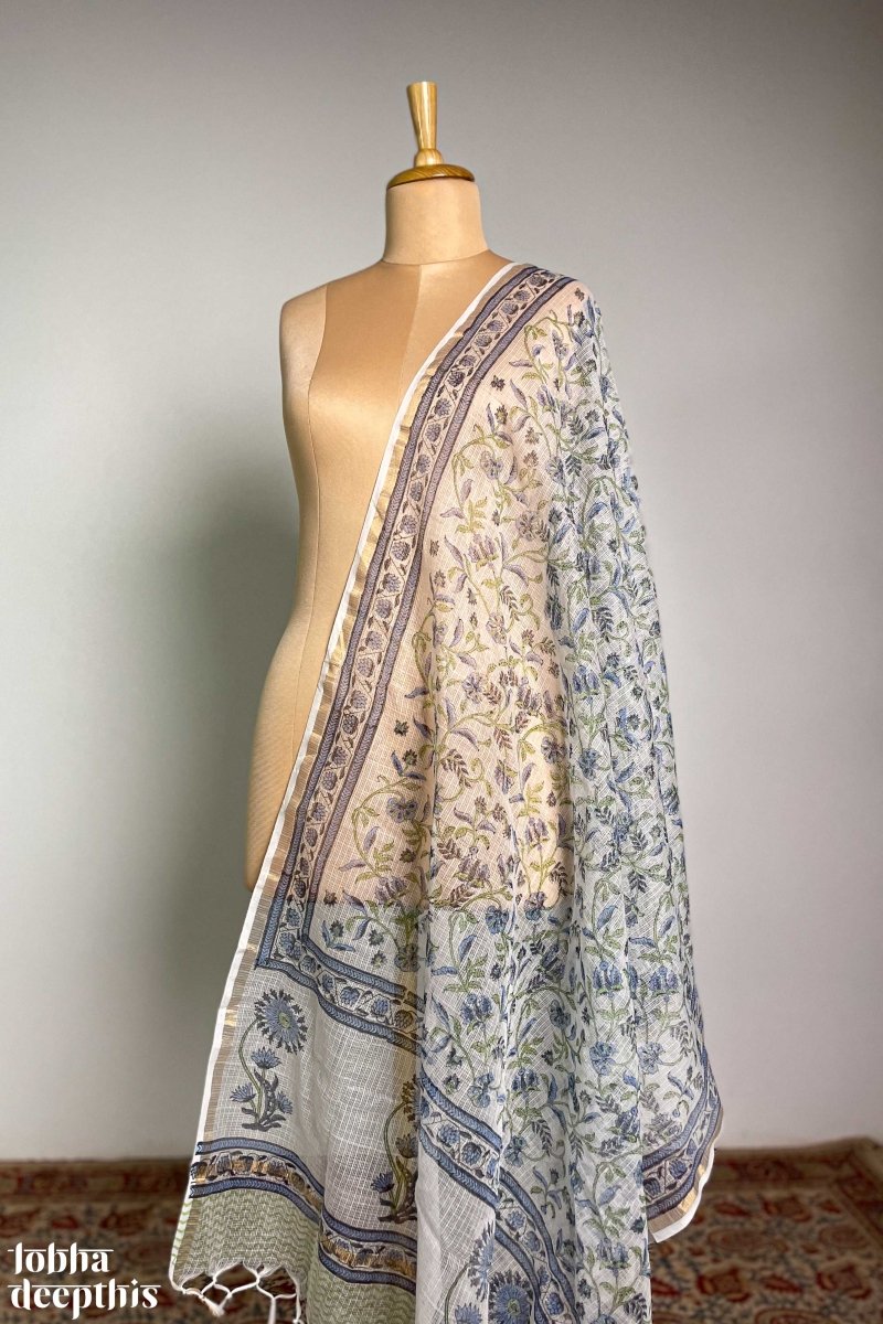 Blue on White Sanganeri Florals Kota Doria Dupatta - Lobha Deepthis