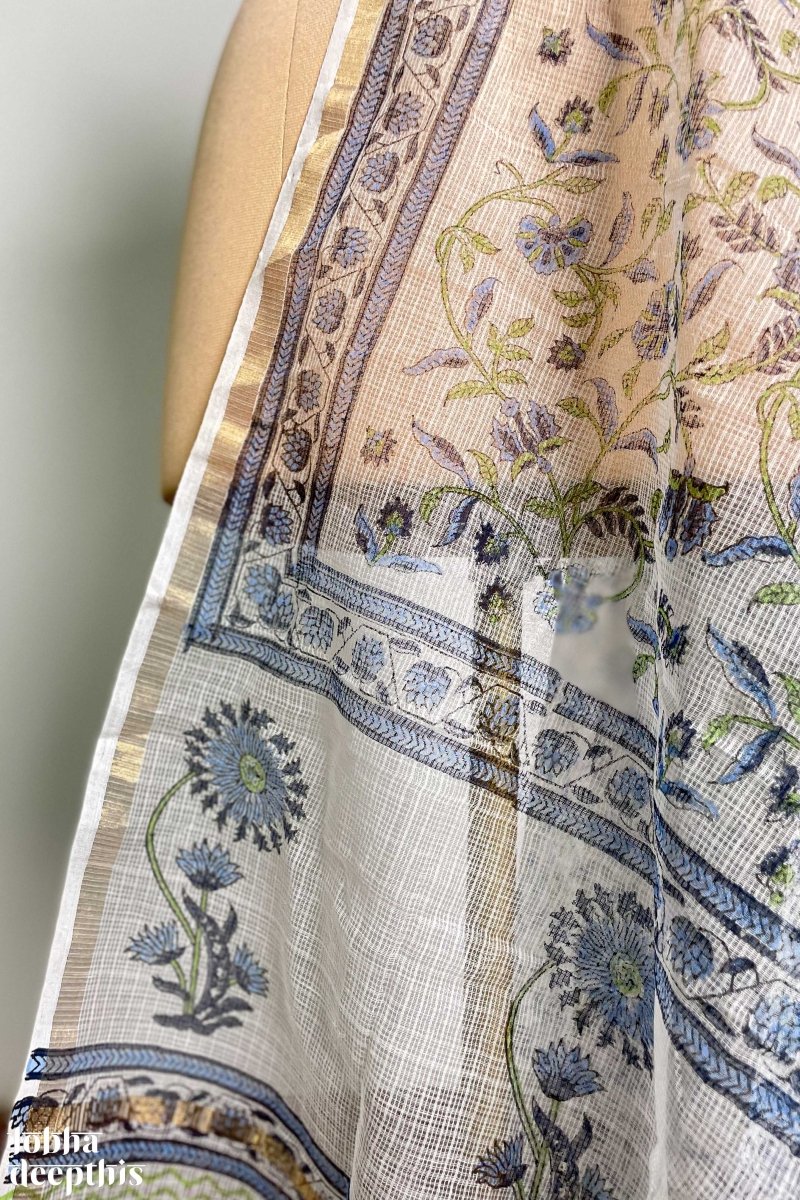 Blue on White Sanganeri Florals Kota Doria Dupatta - Lobha Deepthis