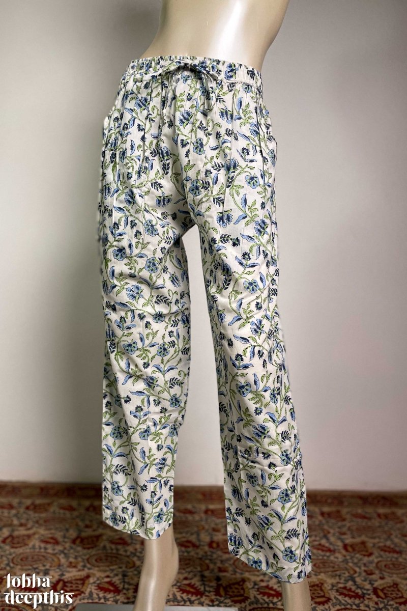 Blue on White Sanganeri Florals Straight Pants - Lobha Deepthis