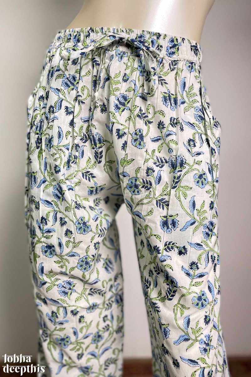 Blue on White Sanganeri Florals Straight Pants - Lobha Deepthis