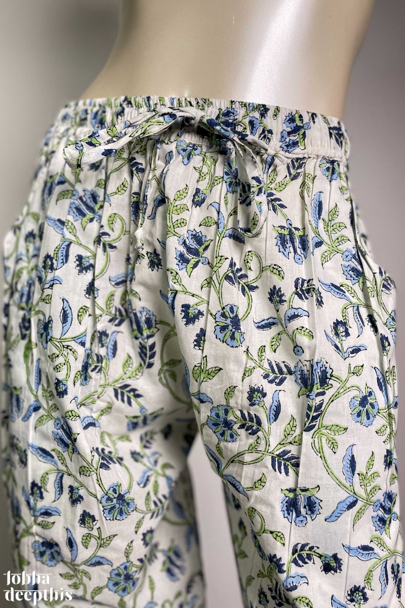 Blue on White Sanganeri Florals Straight Pants - Lobha Deepthis